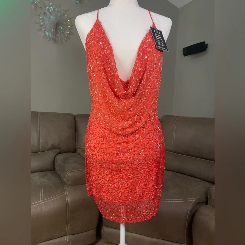 NWT Retrofete Mich Sequin Mini Dress Peach Coral Ombrè Sz L Sexy Cocktail Party - Picture 10 of 16